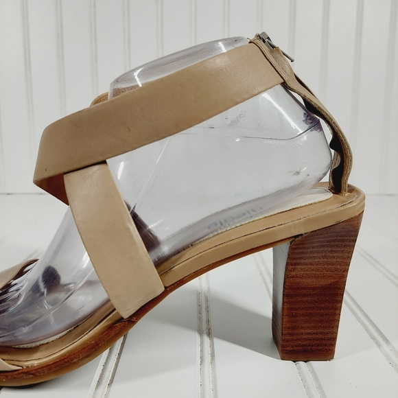 Nicole Fracture Tan Leather Block Wood Heel Back Zipper Strappy Sandals Y2k A674 - Picture 8 of 13